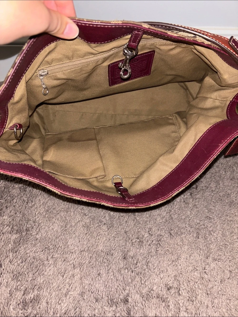 Coach Tan Signature Canvas Messenger Bag with Brown Leather Trim